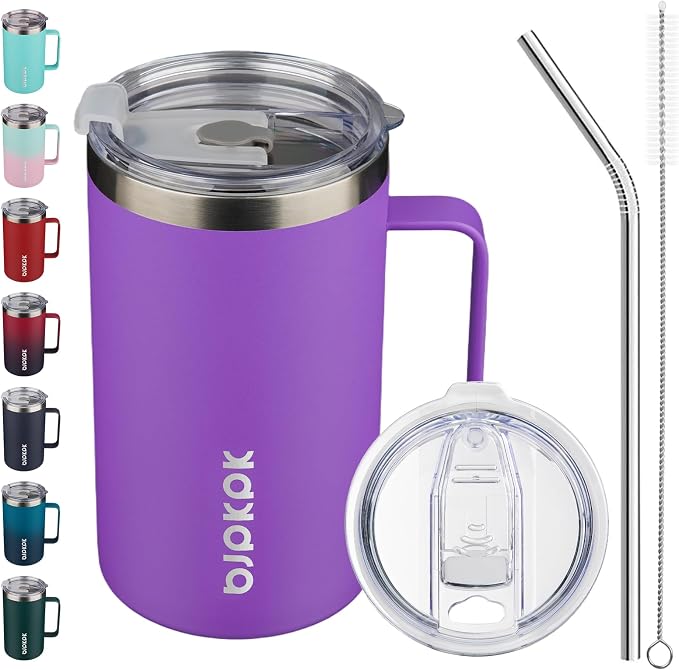 BJPKPK 25oz Insulated Coffee Mug with Handle, Stainless Steel Travel Mug | Keeps Drinks Hot & Cold, Double Wall Vacuum, 2 Lids Included, BPA-Free Coffee Tumbler for Home, Office & Travel