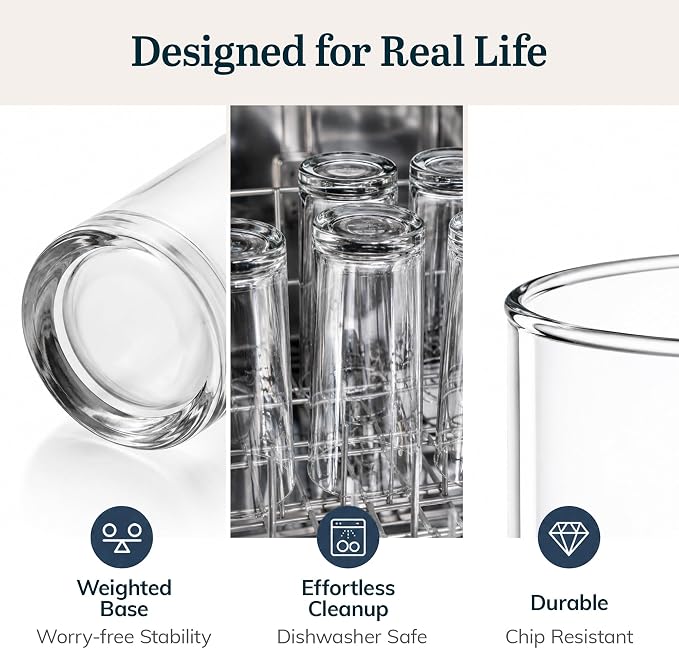 Heavy Base Drinking Glasses Set of 8, Weighted Clear Water Cups | 15.5 oz Capacity for Water, Juice, Soda, Cocktails, and More with Weighted Base and Dishwasher-Safe Cleanup