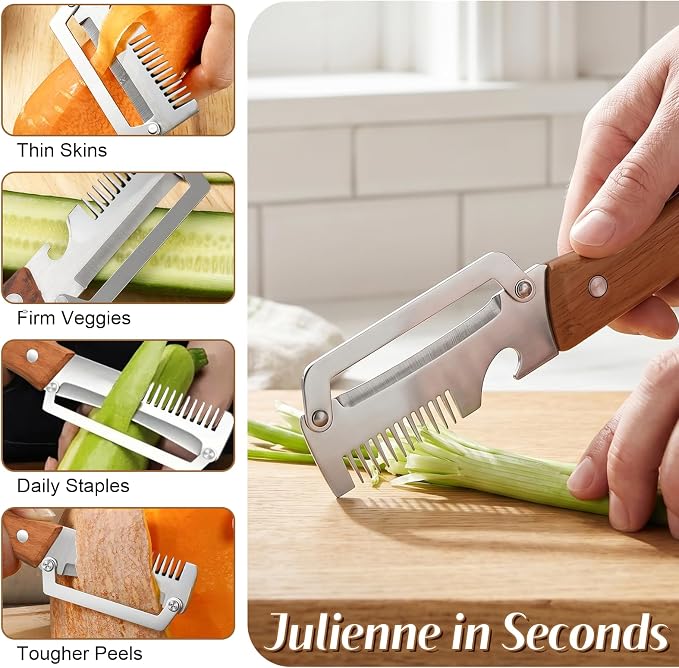 2026 Upgrade Vegetable Peeler With Wooden Handle, Stainless Steel Wide Blade Potato and Carrot Peeler, 3-in-1 Veggie Peeler With Scallion Shredder and Bottle Opener for Kitchen, Camping and Travel