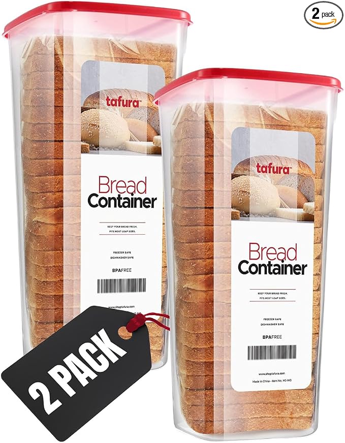 Tafura Bread Containers, 2 Pack, Airtight BPA-Free Bread Boxes, Red Lid | Includes two reusable units to help keep homemade and bakery loaves fresh and neatly organized.
