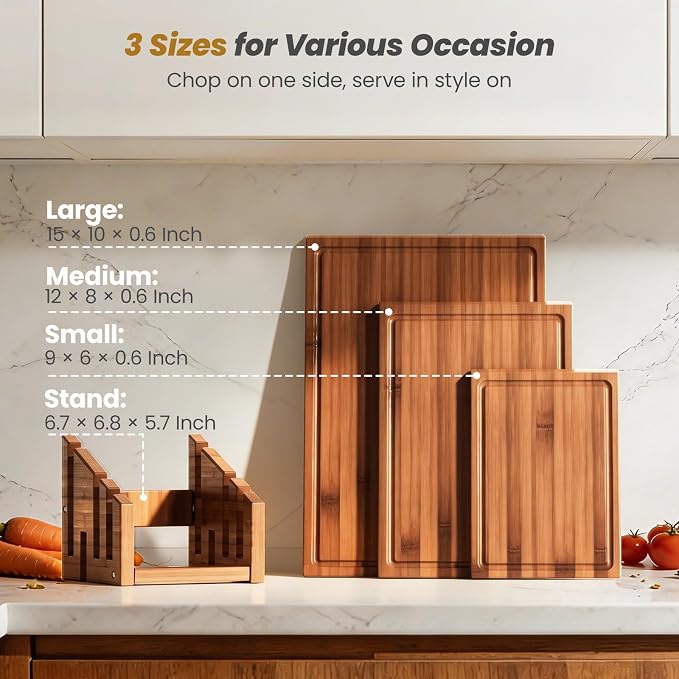 Bamboo Cutting Board for Kitchen, Double-Sided with Stand, Brown | 3-piece Chopping Board Set With Juice Grooves, Vertical Storage Rack, and Comfort Side Handles for Effortless Meal Prep