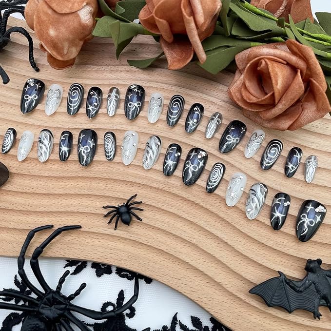 30Pcs Gothic Silver Chrome Press On Nails Short Almond Black Fake Nails with 3D Star Bow Design Metallic Punk Glue On Nails Y2K Acrylic Full Cover False Nails Goth Handmade Stick on Nails for Women
