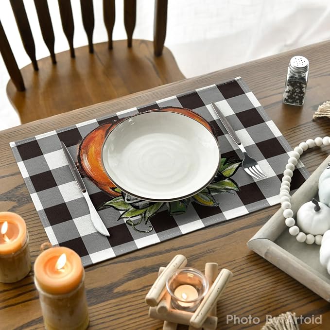 Artoid Mode Buffalo Plaid Pumpkin Fall Placemats Set of 6-12 x 18 Inch | Heat-Resistant Table Mats, Washable Seasonal Autumn Bowknot Kitchen Dining Decor