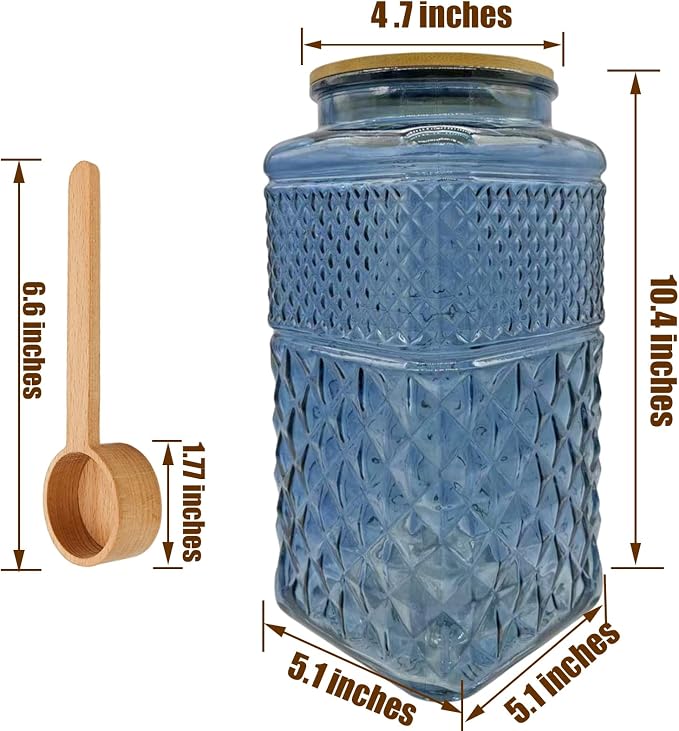 Coriario 1 Gallon Vintage Glass Jar with Lid Wood Spoon Blue Square Glass Storage Canisters Wide Mouth Jars for Food Candy Flour Sugar Cookie Coffee Nuts Decorative