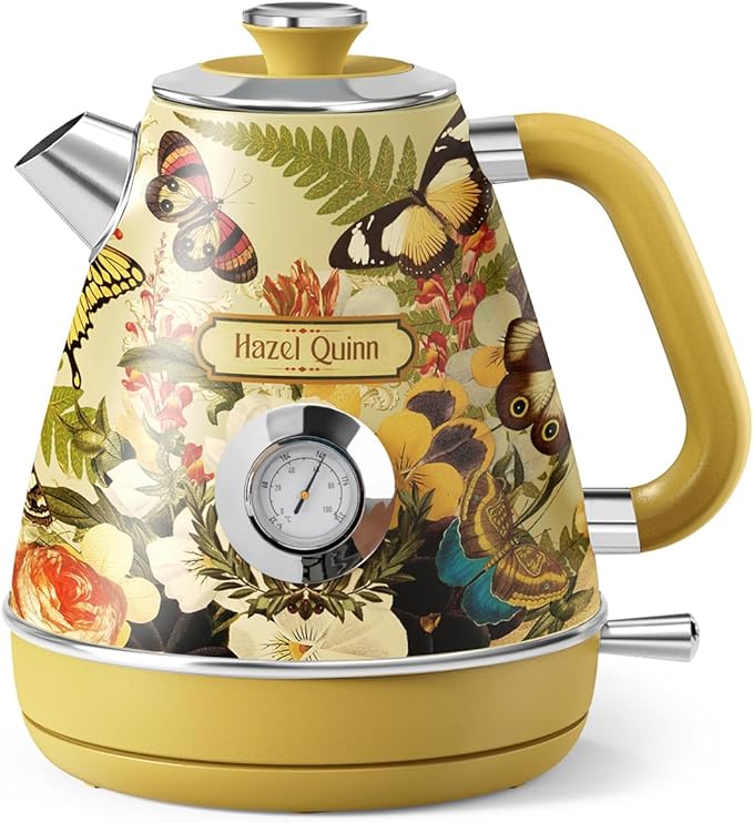 Hazel Quinn X Eduardo Recife Retro Electric Kettle with Thermometer, Floral | 1200W Fast Water Boiling, 1.7L/57oz, All 304 Stainless Steel Interior, BPA-Free, Auto Shut-Off, Cordless Retro Teapot, Home