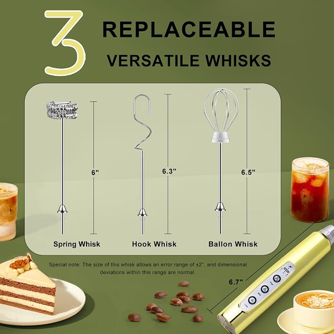 YUSWKO Handheld Milk Frother Wand for Coffee, Rechargeable Electric Whisk with 3 Heads 3 Speeds Drink Mixer Coffee Frother For Latte, Cappuccino, Hot Chocolate, Egg, Champagne Gold