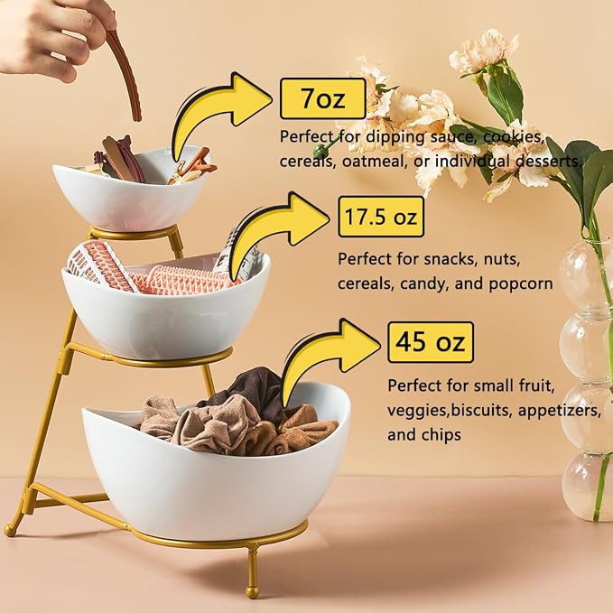 LYEOBOH 3 Tier Serving Bowls Set Tiered Serving Stand, Porcelain Oval Bowls with Collapsible Metal Stand for Entertaining, Party, Dessert Display, Candy, Chip and Dip (Gold)-45oz / 17.5oz / 7oz
