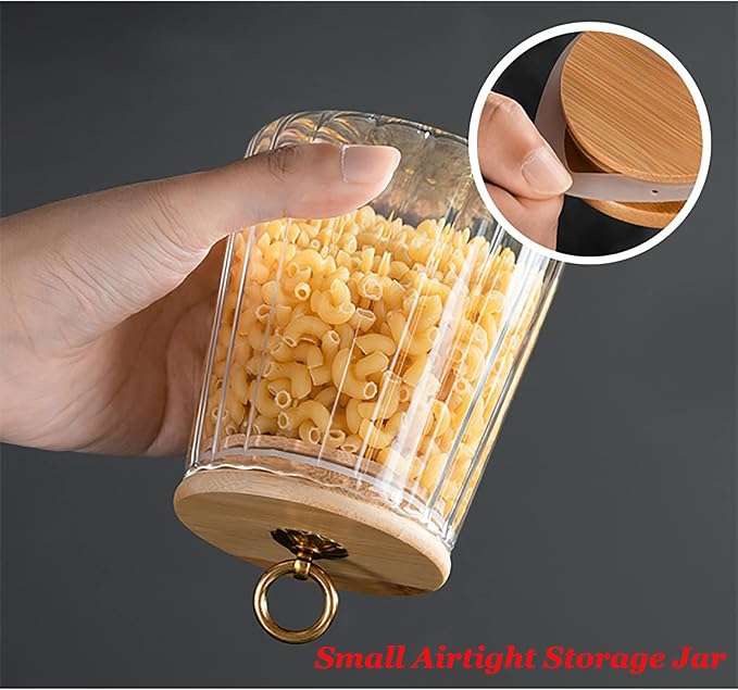 Glass Coffee Nuts Canister, Airtight Jar Bamboo Lid 23 FL OZ, Small Conical | Sealed Kitchen Storage Jar, 700ml Petal Ribs Design Decorative Candy Coffee Container, Gold Metal Handle, Easy to Grasp