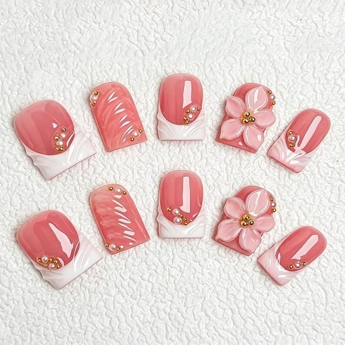 10pcs Flower Press on Nails Handmade Fake Nails with 3D Flower & Gold Bead Charms Short Square Nude Pink French Tip Acrylic Nails Glossy Elegant Style Stick on Nail Manicuare Art for Women (S)