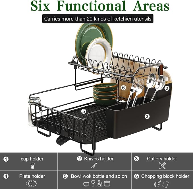 Runnatal Large Dish Drying Rack Stainless Steel Sink for Kitchen | 2 Tier Extendable Stainless Steel Dish Rack Used in Sink & Kitchen Counter, with Drainboard Set & Utensil Holder & Cup Holder