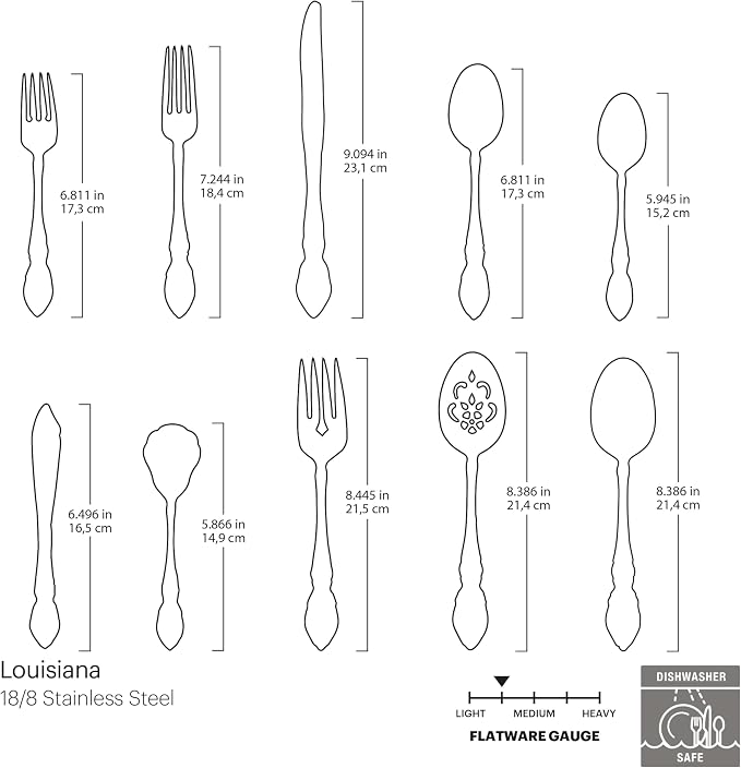 Oneida Louisiana 45-Piece 18/8 Silverware Set for 8, Flatware | mirror finish, dishwasher safe | includes serving spoons and utensil set | cutlery set, wedding silverware