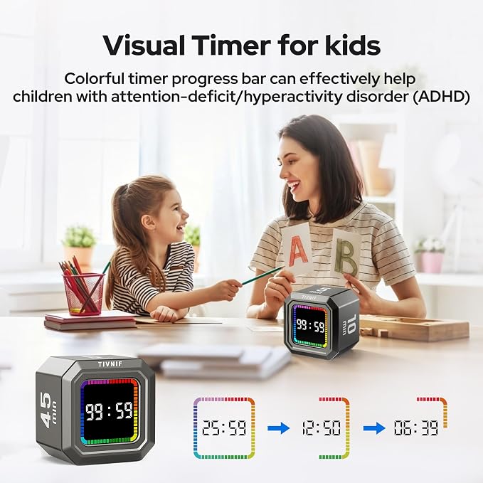Kitchen Timer Visual Timer for Kids Color Display Gravity Sensor Cube | Digital Pomodoro Timer with Loud Alarm, Magnetic Back, Easy Use for Cooking, Classroom, Study & Productivity