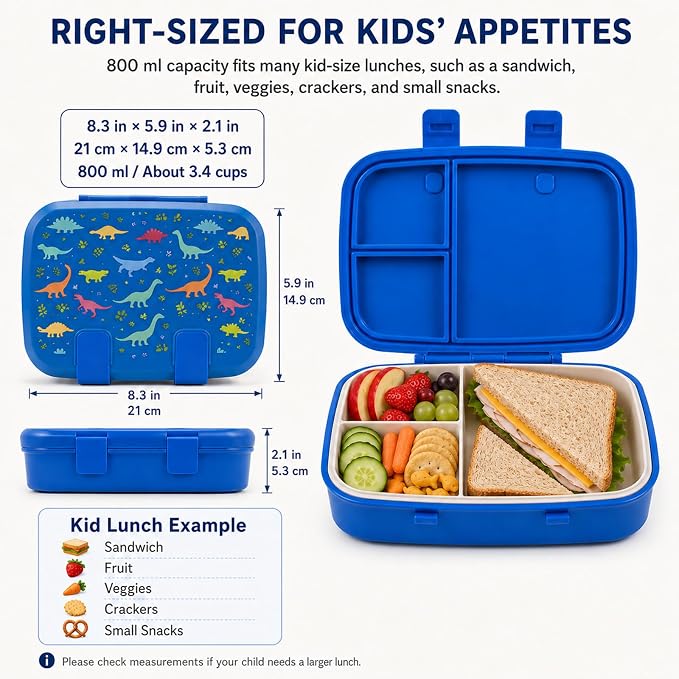 MISS BIG Kids Bento Lunch Box, Blue Dinosaur, Microwave Safe, 800ml | Boys lunch box with 3 sections for school meals, daycare, preschool, kindergarten, and microwave-safe reheating