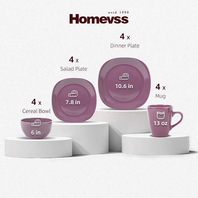 HomeVss, Stoneware Square 16pc Dinnerware Set, Matte Purple