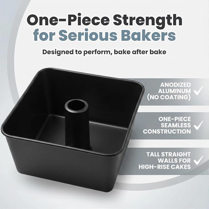 One-Piece Square Tube Cake Pan, 18 Cup, Anodized Aluminum, 9 x 9 x 4.5 in, Seamless Design, Easy Release, Even Heat, for Angel Food, Chiffon, Sponge, Mile High & Pound Cakes (Black)