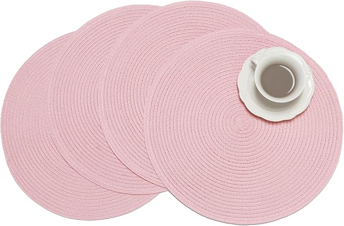 Winknowl 15 Inch Round Braided Placemats Set of 4, Washable Cotton Polyester Table Mats, Heat Resistant Non-Slip Place Mats for Kitchen Dining Table Decor (Pink,4pcs)