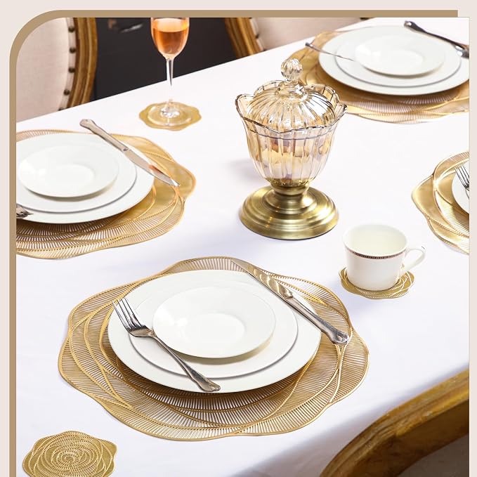 Sieral Round Hollow Rose Vinyl 15'' Placemat & 4'' Coaster,Gold,24 Set