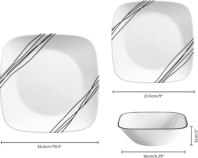 Corelle Dinnerware Set (12pc, Simple Sketch)-Dinner for 4 Includes x: Dinner Plates, Side & Bowls 3 X More Durable, Half The Space Weight of Ceramic up to 80% Recycled Glass, 1146920