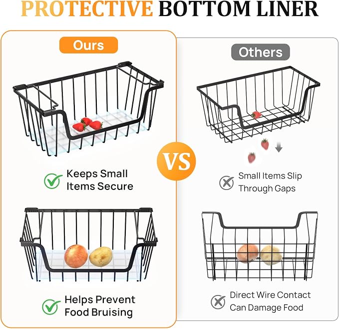 SUNALLY Stackable Storage Bins 4 Pcs Wire Baskets Freezer Organizer, Black | Pantry Organizers Storage, Vegetable Fruit Storage Basket for Countertop, Kitchen Baskets for Onion Potato Snack Cans Storage