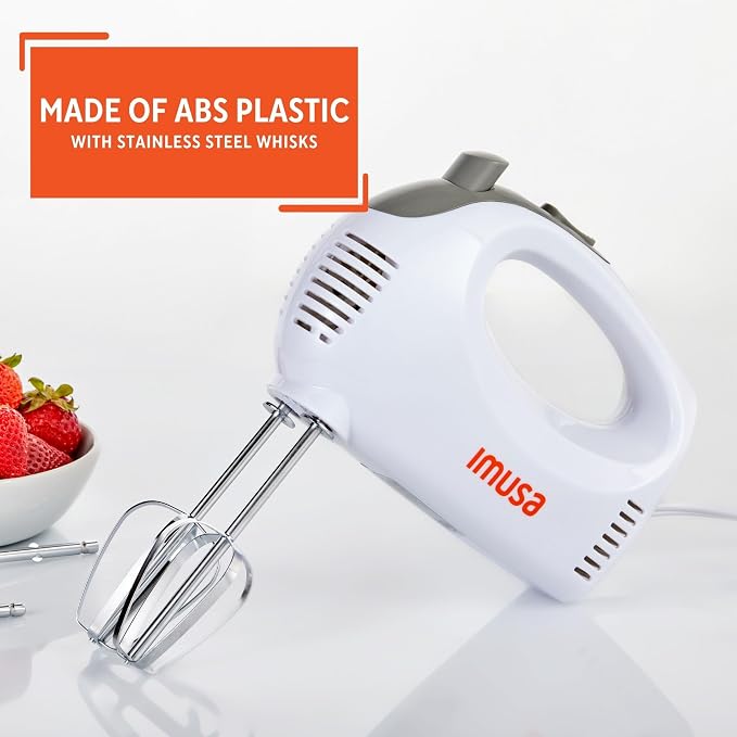 IMUSA USA Hand Mixer with Case 5-Speed ,White, Small | Ideal for Mixing and Blending Tasks