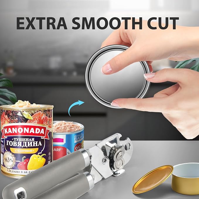 Safring Can Opener Manual, Heavy Duty Handheld Strong Can Opener with Soft Touch Handle, Sharp Blade Smooth Edge, Can Openers with Multifunctional Bottle Opener, Gray