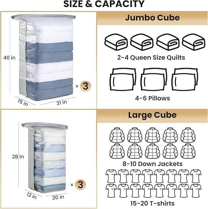 TAILI 6 Pack Vacuum Storage Bags, Cube Combo (3 Jumbo+3 Medium), Cream | Vacuum Seal Bags for Clothing, Bedding, Comforters, Blankets, Space Saver No Pump Compression Cube, 2 Size