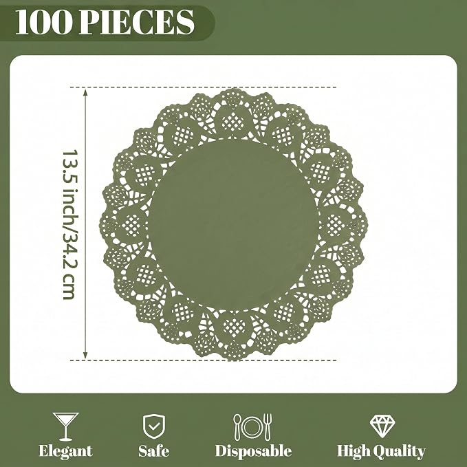 100 Pack 13.5 Inch Round Sage Green Paper Doilies, Disposable Lace Placemat | Rustic Scallop Doily Table Pads, Heavy-Duty Paper Place Mats for Cakes, Crafts, Parties, Weddings, Buffet, Home Decor