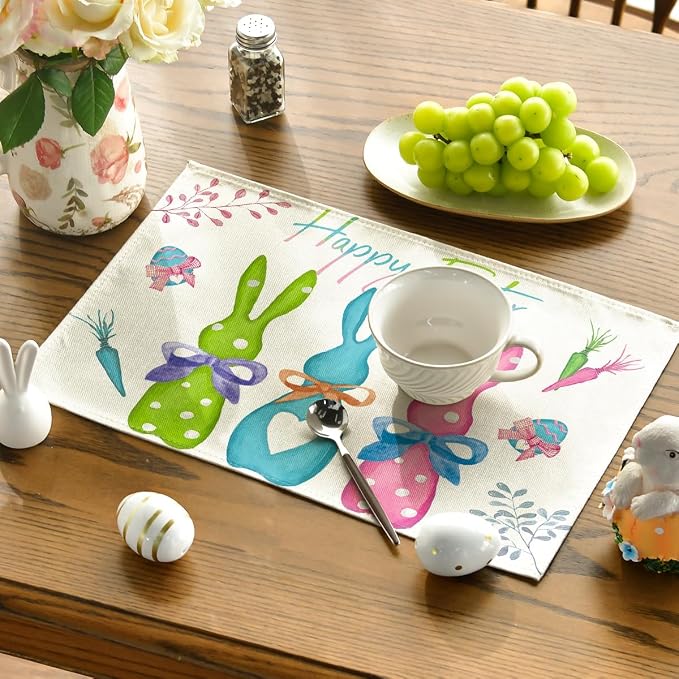 Green Blue Pink Rabbit Bunny Easter Placemats Set of 6, 12x18 Inch Spring Jesus Easter Table Mats for Holiday Party Kitchen Dining Room Decoration