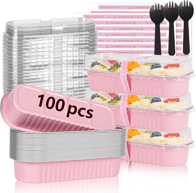 YQER 100 Pack Mini Loaf Pans with Lids and Spoons, 6.8oz Disposable Aluminum Foil Mini Cake Pans and Baking Tins with Sealing Stickers, Individual Pink Dessert Containers for Parties and Gifts