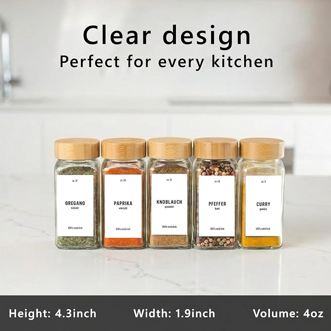 Deco haus Glass Spice Jars with White Label and Bamboo Lid 24x4oz [LABELS incl] Spice Containers with Labels, Shaker Lids & Funnel - Empty Herb Seasoning Containers, Small Seasoning Bottles for Her