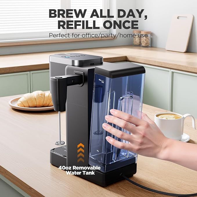 Tastyle Single Serve Coffee Maker with Built-in Detachable Milk Frother | For K Cups & Grounds, 40oz Removable Water Tank, 6 Brew Sizes, 2 Drip Trays, BPA Free, Fits 7.3" Travel Mug, K330MF, Black