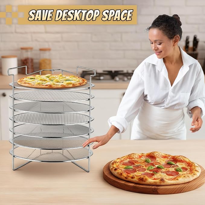 Honeydak 7-Slot Folding Pizza Pan Rack with 7 14-Inch Pizza Baking Screens for Compact Convenient and Easy Storage, Home Restaurant