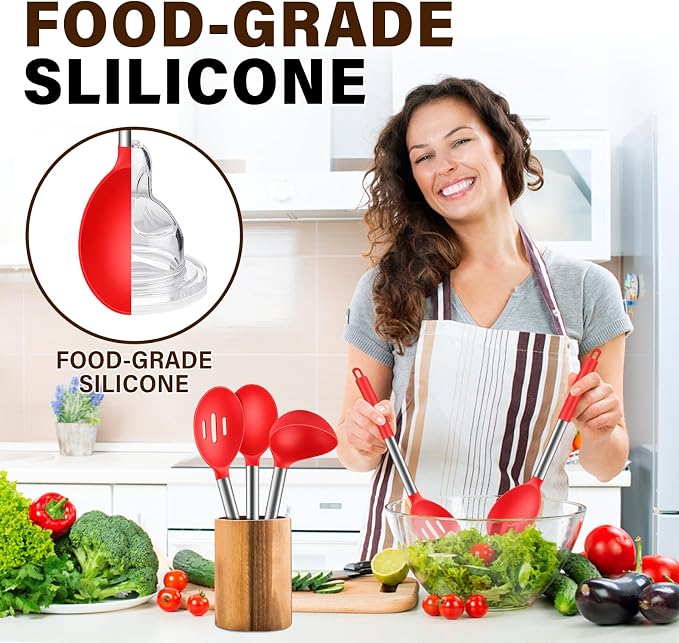 3Pcs Silicone Cooking Spoon Set, Kitchen Utensils Include Solid & Slotted Spoon, Soup Ladle, Food-Grade Heat Resistant 446°F, Non-Scratch Spoons for Serving, Stirring, Draining, Dishwasher Safe, Red