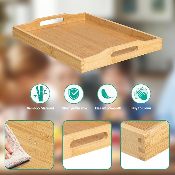 RRX Bamboo Food Serving Tray with Handles,Breakfast Bed Tray (Beige) | Wood Tray for Tea, Snack, Dinner, Home Decorative Storage Food, Platter, Ottoman for Kitchen Counter, Bathroom, Restaurant