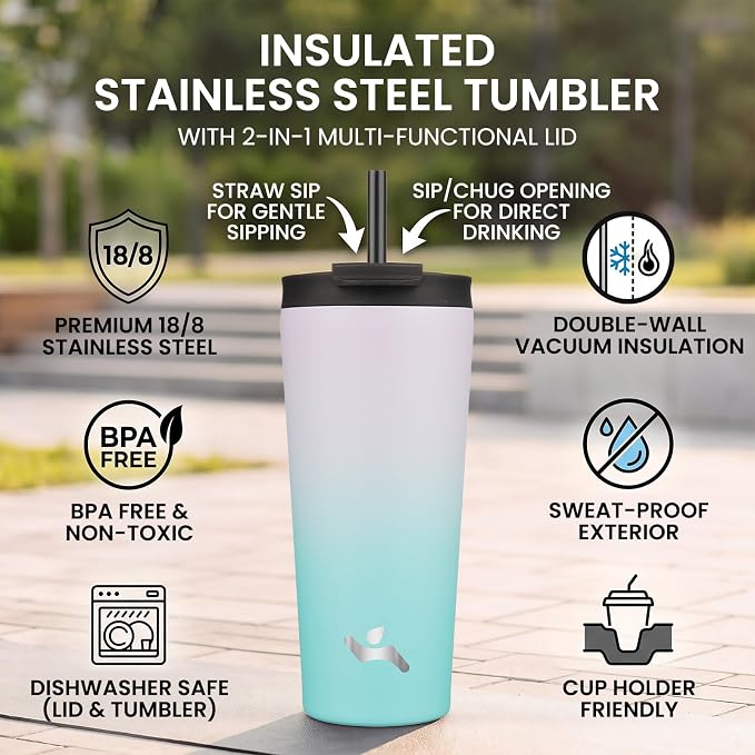 Konokyo 18 oz Insulated Tumbler Water Bottle with Straw Lid, Lavender Green | Stainless steel insulated tumbler for coffee, water and iced drinks; spill-proof lid, 2 straws, cup-holder friendly