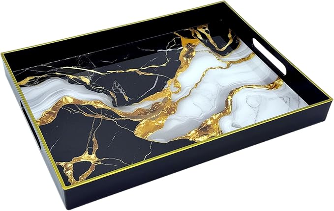 Serving Tray with Handles, 15.7 * 11.8 inches, Plastic Ottoman Tray with Exquisite Paintings, Trays for Coffee Table