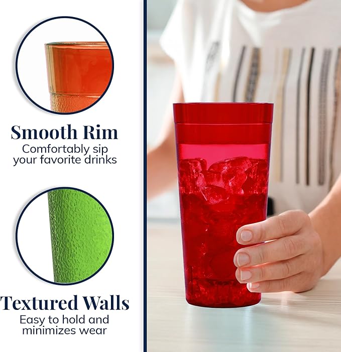 US Acrylic Cafe Plastic Reusable Tumblers (Set of 16) 20-ounce Water Cups Assorted Colors | Restaurant Style Drinking Glasses Value Set, Stackable, BPA-free, Made in the USA | Top-rack Dishwasher Safe