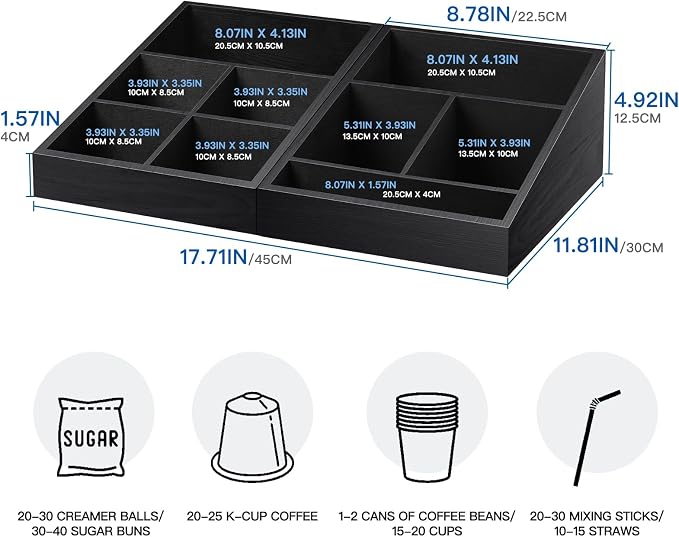 MINCORD Coffee Station Organizer for Counter | Wood Coffee Condiment Service Tray with 9 Compartment | Two-in-One Coffee Bar Supplies Organizer for Home Office Breakroom
