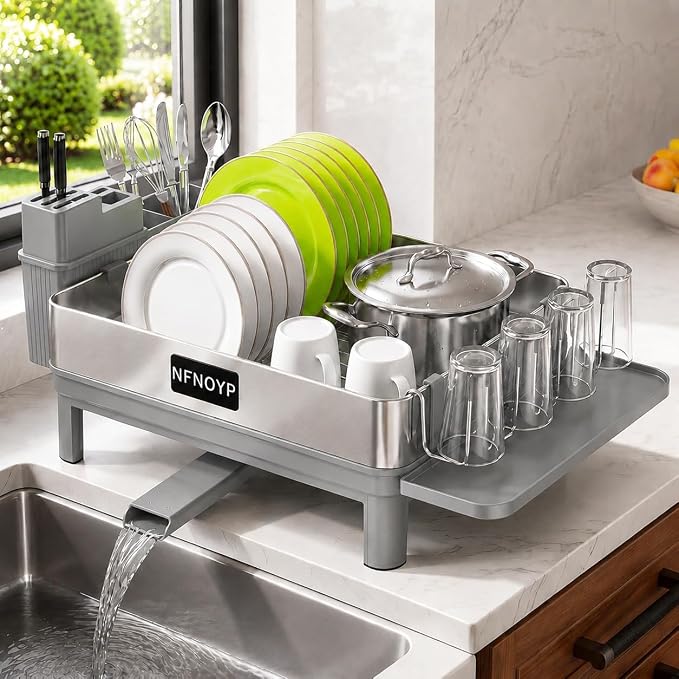 304 Stainless Steel Dish Drying Rack for Kitchen Counter, Grey | Large Capacity Rustproof Dish Rack with Auto Drain Spout, Removable Utensil & Cup Holders, Drainboard Set