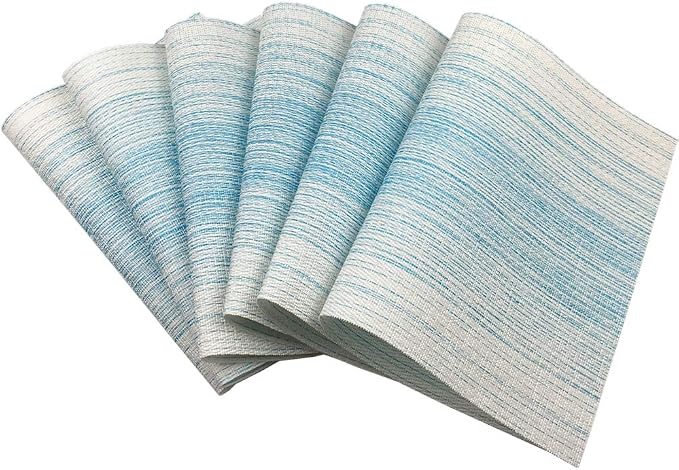 WAZAIGUR Placemats Set of 6, Woven Vinyl Table Placemats, Blue with White | Placemat, Blending Color Durable Washable Place Mats Indoor Outdoor Heat-Resistant Anti-Skid Kitchen Dining Table Mats