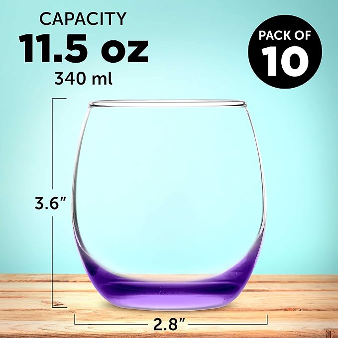 DISCOUNT PROMOS Mikonos Stemless Wine Glasses 11.5 oz. Set of 10, Bulk Pack - Restaurant Glassware, Perfect for Red Wine, White Wine, Cocktails - Purple Bottom Color