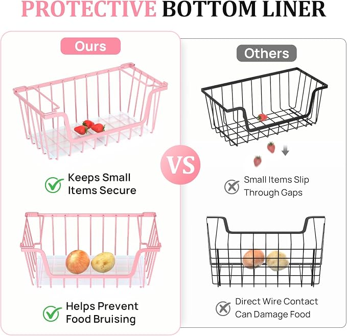 SUNALLY Stackable Storage Bins 6 Pcs Wire Baskets Freezer Organizer, Pink | Pantry Organizers Storage, Vegetable Fruit Storage Basket for Countertop, Kitchen Baskets for Onion Potato Snack Cans Storage