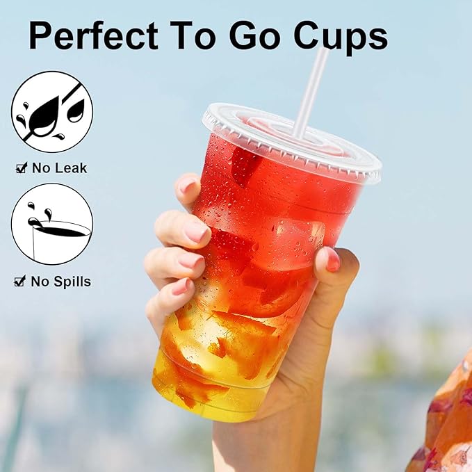 Clawsoff 500 Pack 20 oz Disposable Clear Plastic Cups with Lids and Straws | Leak-Proof Sturdy Cold Drink Cups for Iced Coffee, Smoothies, Juice, Parties & Business