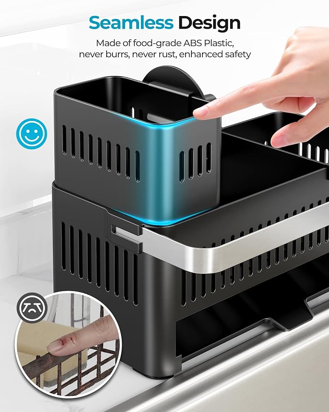 Nieifi Sponge Holder, Black Rustproof ABS Sink Caddy with Towel Rack | Smiley Sponge and Brush Holders with Drainage to Keep Items Dry. 10"W x 4.5"D. Kitchen Counter Organizer & Essential Storage.