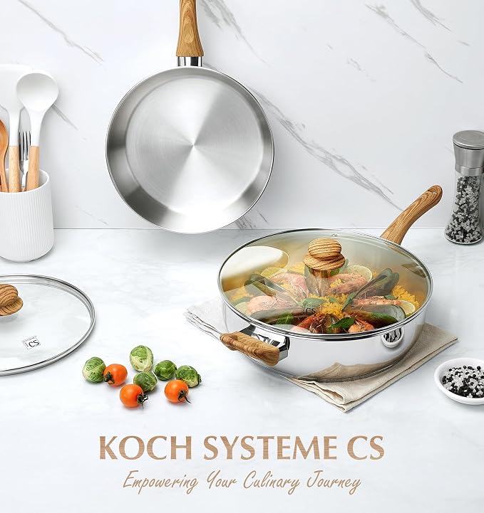 KOCH SYSTEME CS 12 Inch Stainless Steel Saute Pan with Lid, 6 Quart Deep Frying Pan, 18/10 Stainless Steel Saute Pan with Cool-Touch Bakelite Handle, Deep Fry Pan, Induction Ready