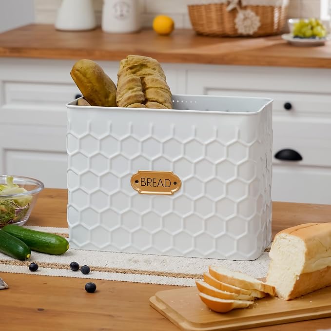 Extra Large Honeycomb Embossed Bread Box with Bamboo Lid | Corner Breadbox for Homemade Bread, White Metal Bread Storage Container Bin for Kitchen Countertop, Fits 2 Loaves of Bread