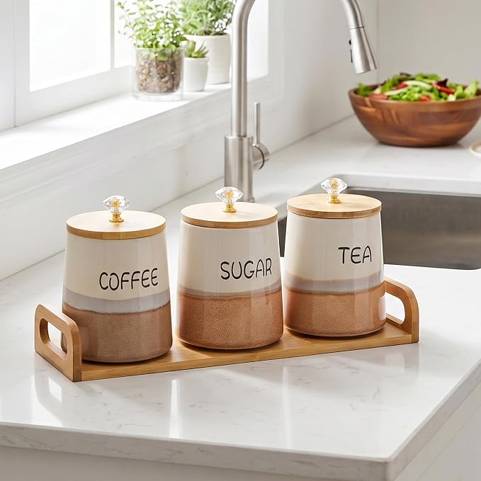 Kimdio Ceramic Canisters Set with Airtight Lids, 22 oz Coffee Canisters Sets for the Kitchen, Large Jars for Flour, Sugar, Pasta, Coffee, Cookies, Tea - Set of 3 - Orange and White