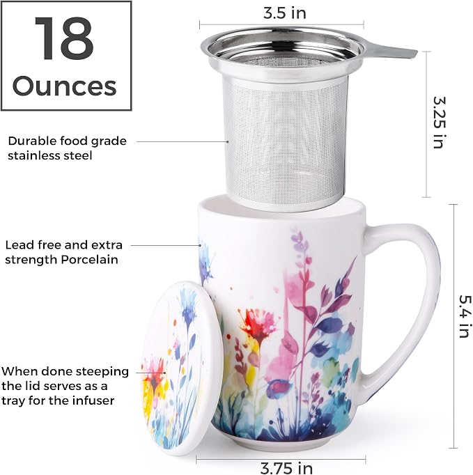 AmorArc Tea Cup With Infuser and Lid, 18oz Loose Leaf Tea Mug With Steeper | Porcelain Tea Mug With Infuser and Lid, Large Strainer Tea Cup with Lid for Tea, Coffee Mug for House-warming Birthday Gift