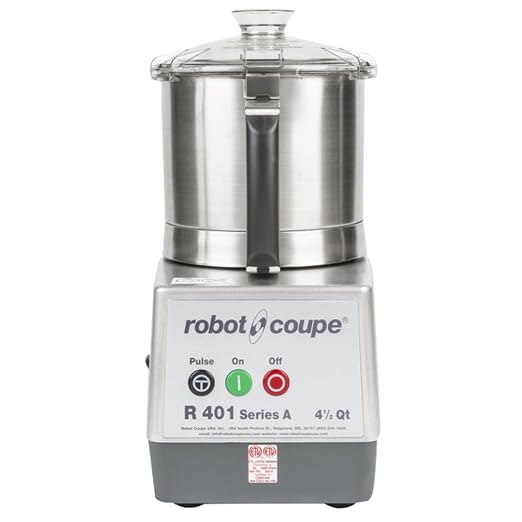 Robot Coupe R401B Commercial Food Processor, 1.5 HP, 4.5 Qt Stainless Bowl | Heavy-duty 1725 RPM single-speed chopper machine with smooth S-blade. 1119W, 120V power. Ideal for restaurant & caterer prep