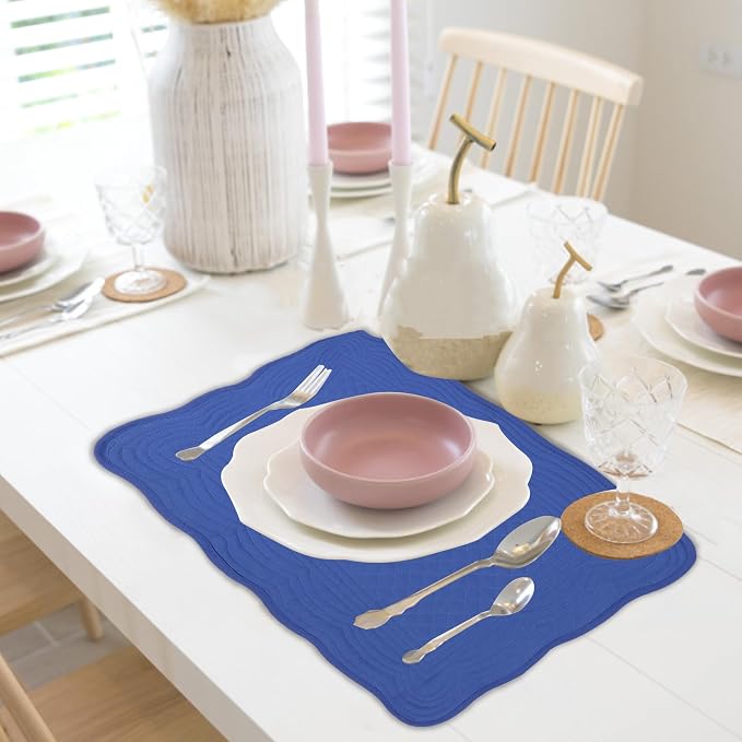 Quilted Placemats Set of 4 18"X13" Cotton Placemats Washable Cloth Table Mats for Kitchen Table (Dark Blue)